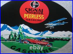 Vintage 1931 Signal Peerless Gasoline Airplane +car 11 3/4 Porcelain Metal Sign