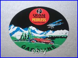 Vintage 1931 Signal Peerless Gasoline Airplane +car 11 3/4 Porcelain Metal Sign