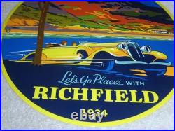 Vintage 1934 Richfield Antique Car 11 3/4 Porcelain Metal Gasoline & Oil Sign