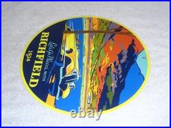 Vintage 1934 Richfield Antique Car 11 3/4 Porcelain Metal Gasoline & Oil Sign