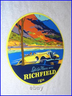 Vintage 1934 Richfield Antique Car 11 3/4 Porcelain Metal Gasoline & Oil Sign
