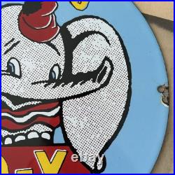 Vintage 1942 D-x Dumbo Walt Disney Gas Oil Car 12 Inch Porcelain Enamel Sign