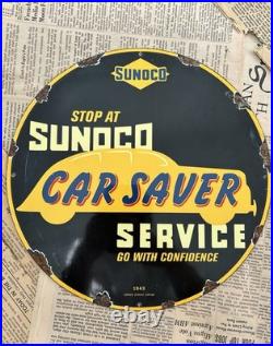 Vintage 1943 Sunoco Car Saver Service 12 Inch Porcelain Enamel Sign