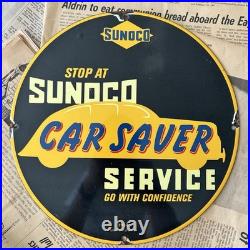 Vintage 1943 Sunoco Car Saver Service 12 Inch Porcelain Enamel Sign