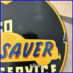 Vintage 1943 Sunoco Car Saver Service 12 Inch Porcelain Enamel Sign