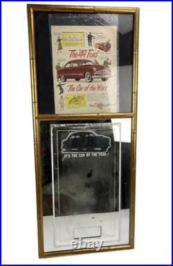 Vintage 1949 Ford Car of the year advertising mirror faux bamboo frame 17.5 x 42