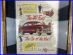 Vintage 1949 Ford Car of the year advertising mirror faux bamboo frame 17.5 x 42