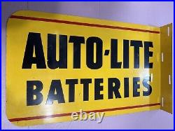 Vintage 1950's Auto-Lite Batteries Flange Sign Original 12x19 Gas Oil Delco