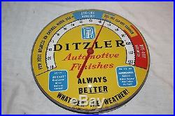 Vintage 1950's Ditzler Car Paint Gas Oil 12 Metal & Glass Thermometer Sign