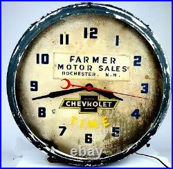 Vintage 1950S FARMER CHEVROLET NH DEALER Advertising NEON CLOCK SIGN Lighted
