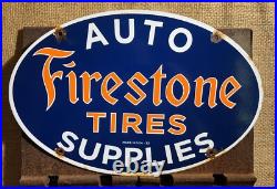 Vintage 1953 Dated Firestone Tires Auto Supplies 16.5 Porcelain Sign