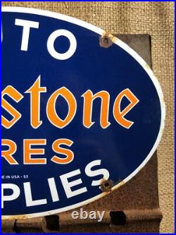 Vintage 1953 Dated Firestone Tires Auto Supplies 16.5 Porcelain Sign