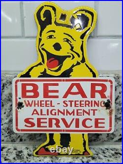Vintage 1955 Bear Porcelain Sign Illinois Automobile Tire Gas Oil Service Motor