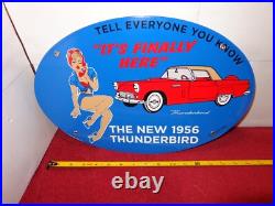 Vintage 1956 Ford Thunderbird Woman 16 Porcelain Metal Car Gasoline & Oil Sign