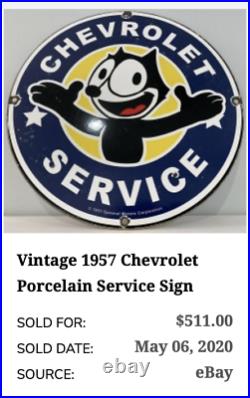 Vintage 1957 Felix The Cat Chevrolet 12 Porcelain Metal Truck Gasoline Oil Sign