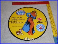 Vintage 1958 Aaa Automobile Club Woman +dog 11 3/4 Porcelain Metal Gas Oil Sign