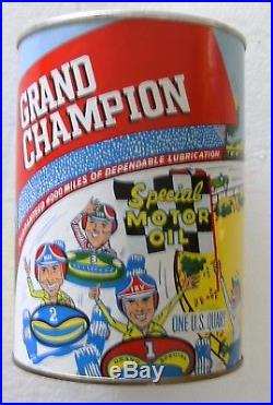 Vintage 1960s 1 qt Grand Champion Motor Oil Can full quart racing car graphics