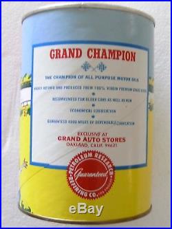 Vintage 1960s 1 qt Grand Champion Motor Oil Can full quart racing car graphics