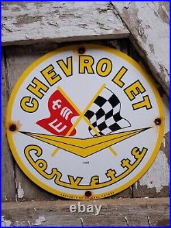 Vintage 1961 Chevrolet Porcelain Sign Old Corvette Sport Car Chevy Dealer Gas