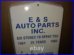 Vintage 1986 E & S Auto Parts Wall Thermometer Sign, 24x8, Works, Aston, Delco, Penna