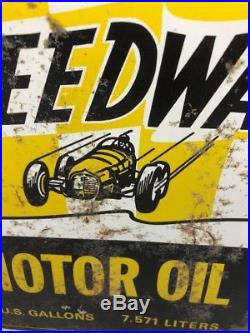 Vintage 2 Gallon Speedway Motor Oil Tin Can Fitchburg MA Race car Graphic Flag