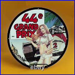 Vintage 44e Grand Prix Car 1986 Porcelain Enamel Gas Oil Station Pump Oil Sign