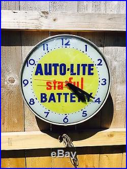 Vintage Auto Lite Sta Ful Battery sign Domed Glass Faced Light Up Garage Clock