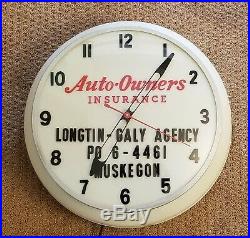 Vintage Auto Owners DUALITE Lighted Advertising Clock Muskegon Longtin Galy 50's