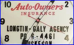 Vintage Auto Owners DUALITE Lighted Advertising Clock Muskegon Longtin Galy 50's
