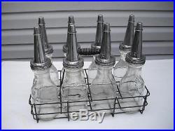 Vintage Automobile 8 QT. Glass Oil Bottles With Caps and Steel Carrier