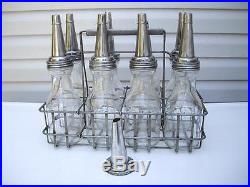 Vintage Automobile 8 QT. Glass Oil Bottles With Seven Caps and Steel Carrier