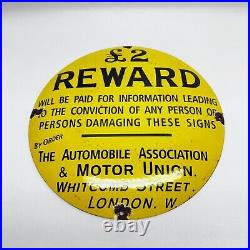 Vintage Automobile Assocation Motor Union Reward Porcelain Sign London