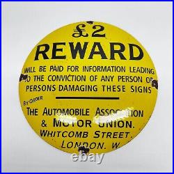 Vintage Automobile Assocation Motor Union Reward Porcelain Sign London