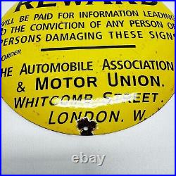 Vintage Automobile Assocation Motor Union Reward Porcelain Sign London