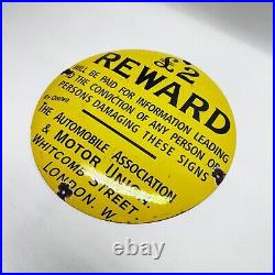 Vintage Automobile Assocation Motor Union Reward Porcelain Sign London