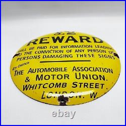 Vintage Automobile Assocation Motor Union Reward Porcelain Sign London