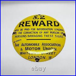 Vintage Automobile Assocation Motor Union Reward Porcelain Sign London