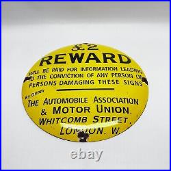 Vintage Automobile Assocation Motor Union Reward Porcelain Sign London