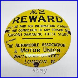 Vintage Automobile Assocation Motor Union Reward Porcelain Sign London