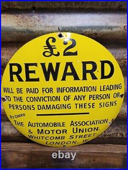 Vintage Automobile Association Porcelain Sign London Motor Union Club Reward