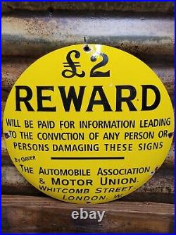 Vintage Automobile Association Porcelain Sign London Motor Union Club Reward