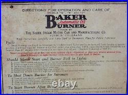 Vintage Baker Automatic Burner Steam Motor Car Dealer Tin Instruction Sign