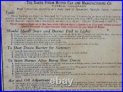 Vintage Baker Automatic Burner Steam Motor Car Dealer Tin Instruction Sign