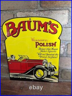 Vintage Baum's Auto Polish Porcelain Advertising Die Cut Sign 12 X 10