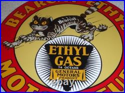 Vintage Bearcat Ethyl & General Motors Cat 11 3/4 Porcelain Metal Gasoline Sign