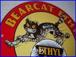 Vintage Bearcat Ethyl & General Motors Cat 11 3/4 Porcelain Metal Gasoline Sign