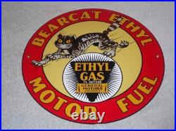 Vintage Bearcat Ethyl & General Motors Cat 11 3/4 Porcelain Metal Gasoline Sign
