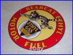 Vintage Bearcat Ethyl & General Motors Cat 11 3/4 Porcelain Metal Gasoline Sign