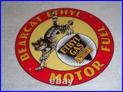 Vintage Bearcat Ethyl & General Motors Cat 11 3/4 Porcelain Metal Gasoline Sign