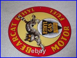 Vintage Bearcat Ethyl & General Motors Cat 11 3/4 Porcelain Metal Gasoline Sign